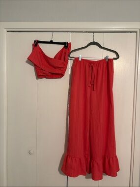 Two-Piece Coral Crop Top & Ruffle Hem Wide Leg Pants Set